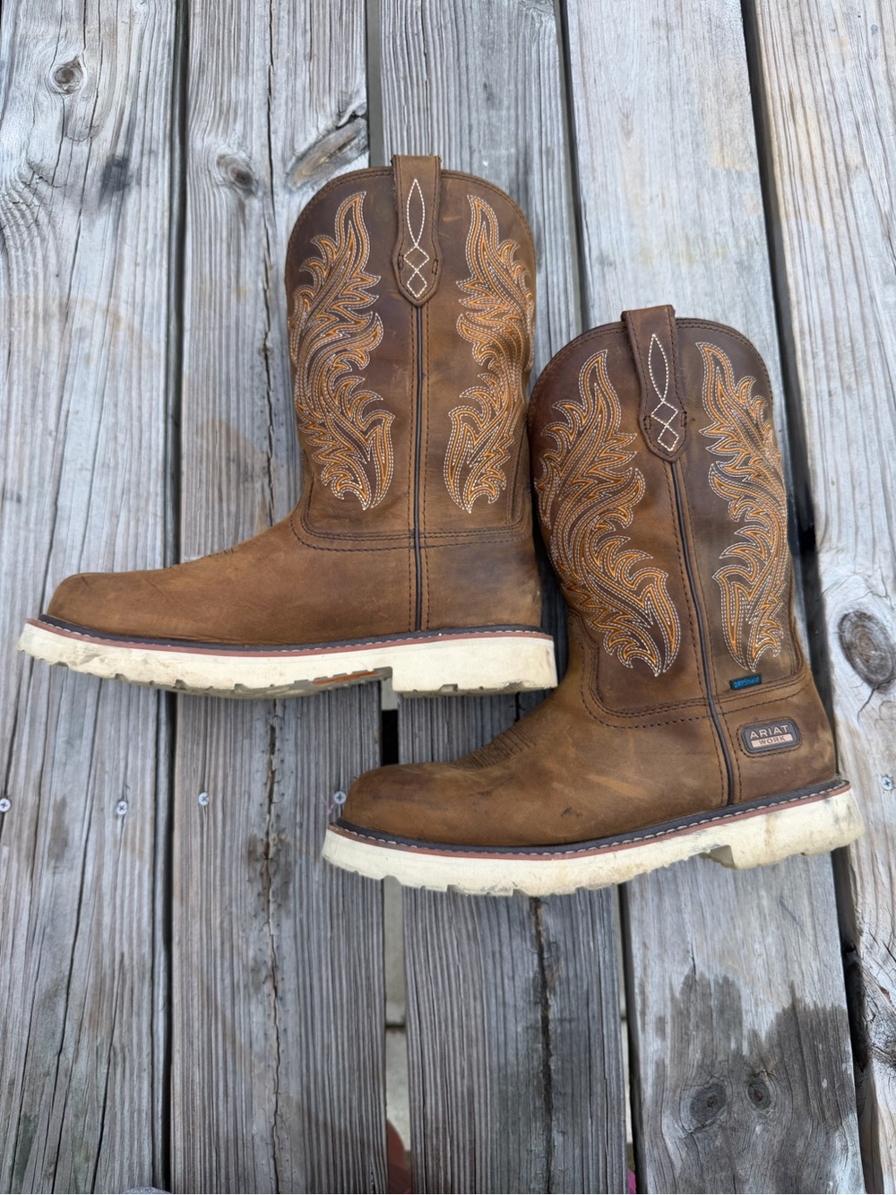 Ariat Brown Leather Pull-On Western Work Boots with Embroidered Shaft 11 EE